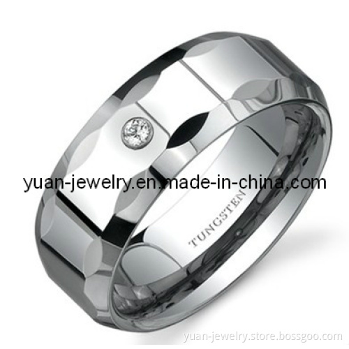 Beveled Faceted Edge White Cubic Zirconia Accent 8mm Comfort Fit Mens Tungsten Wedding Band Ring